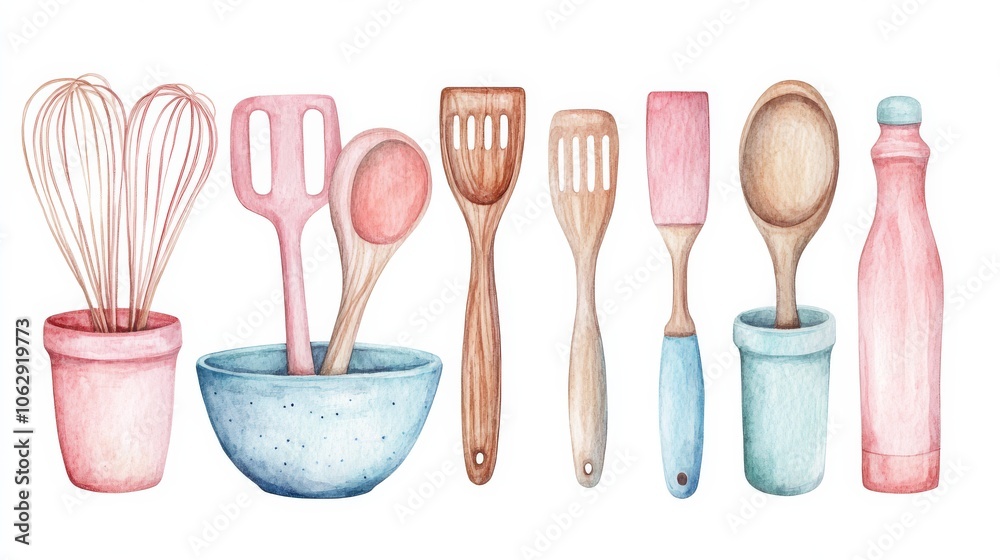 Cozy Watercolor Kitchen Utensils and Containers Set Cozy Watercolor Kitchen Utensils and Containers Set