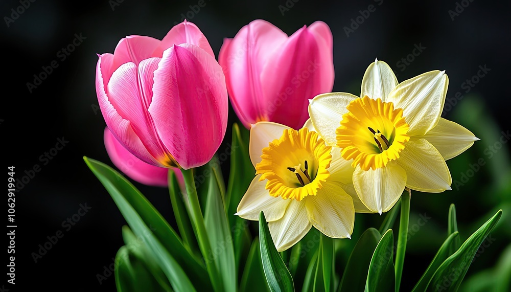 Fototapeta premium Spring garden with tulips and daffodils, lush and colorful