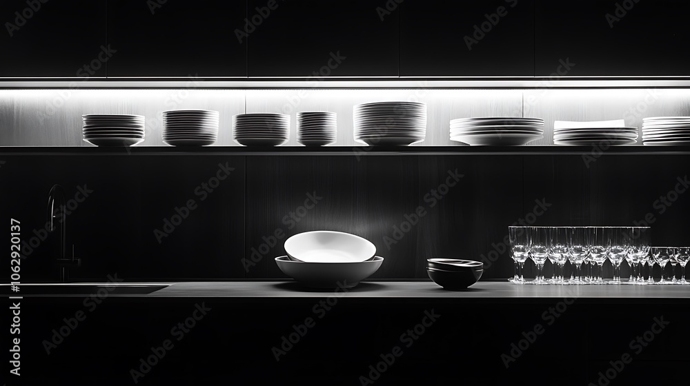 Stylish monochrome kitchen corner illuminated by warm track lighting, featuring carefully arranged dishes and bowls, clean lines, and a modern minimalist approach with a touch of sophistication. Stylish monochrome kitchen corner illuminated by warm track lighting, featuring carefully arranged dishes and bowls, clean lines, and a modern minimalist approach with a touch of sophistication.