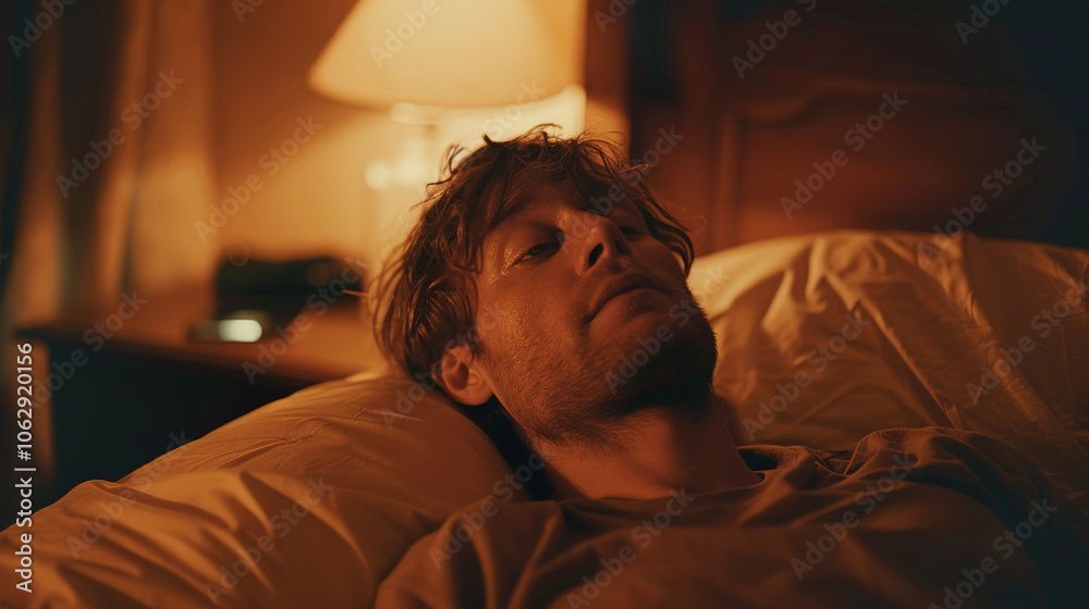 Anxious people lying in bed with eyes wide open, unable to sleep due to insomnia, showing worry and fatigue, the room is dimly lit and the soft light of the bedside lamp creates a calm but uneasy atmo Anxious people lying in bed with eyes wide open, unable to sleep due to insomnia, showing worry and fatigue, the room is dimly lit and the soft light of the bedside lamp creates a calm but uneasy atmo