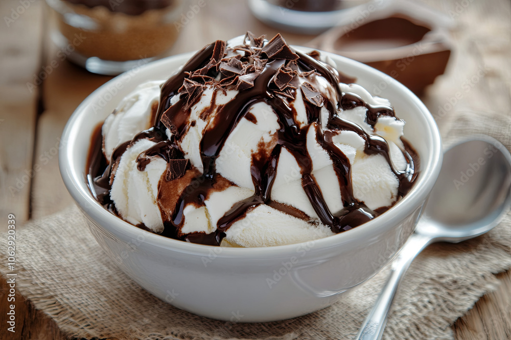 A bowl of ice cream with chocolate syrup and whipped cream A bowl of ice cream with chocolate syrup and whipped cream