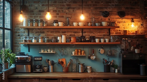 Vintage kitchen corner illuminated by warm Edison bulbs, displaying a collection of antique cups on wooden shelves, with neatly arranged vintage utensils adding charm and nostalgia. --ar 16:9