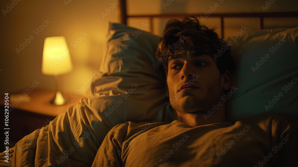 Fototapeta premium Anxious people lying in bed with eyes wide open, unable to sleep due to insomnia, showing worry and fatigue, the room is dimly lit and the soft light of the bedside lamp creates a calm but uneasy atmo