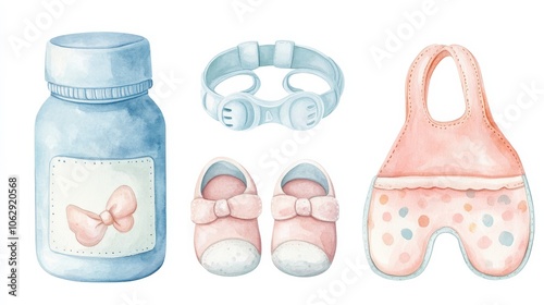 Whimsical Watercolor Baby Essentials in Soft Colors photo