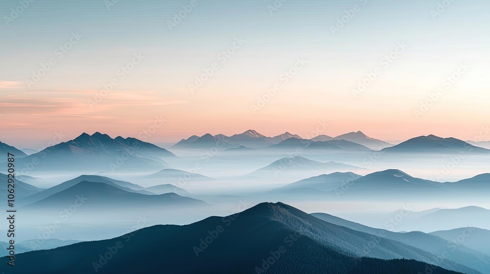 Serene mountain landscape with mist and soft pastel sky at sunrise. Serene mountain landscape with mist and soft pastel sky at sunrise.