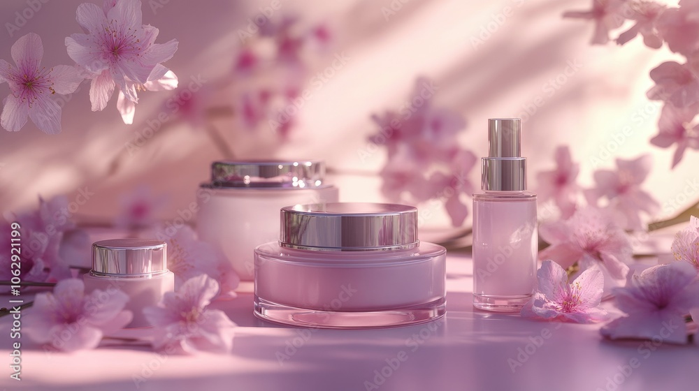 Elegant Beauty Products with Cherry Blossom Background Elegant Beauty Products with Cherry Blossom Background