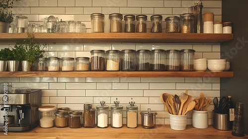 Wallpaper Mural A modern kitchen corner with open shelves and subtle downlighting, featuring neatly arranged glass containers filled with baking essentials, stainless steel measuring cups, wooden spoons, Torontodigital.ca