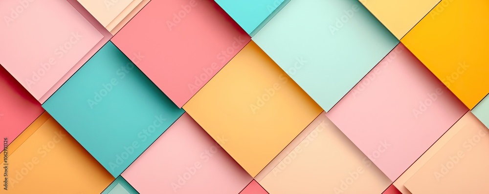 Colorful textured paper sheets arranged in a diagonal pattern.