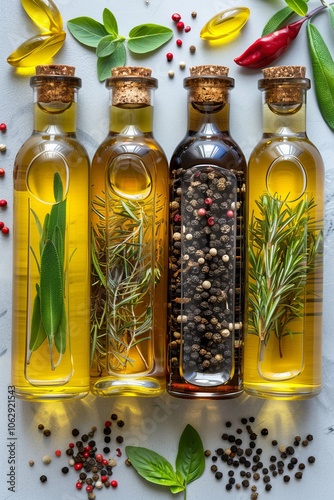 Aromatic spices, fresh herbs, balsamic vinegar, and olive oil on light background, top view photo