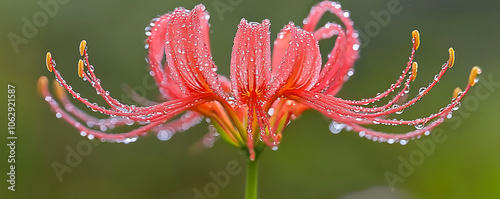 close-up image of Nerine Bowdenii flowers adorned with dew droplets, captured in macro photography style, photo