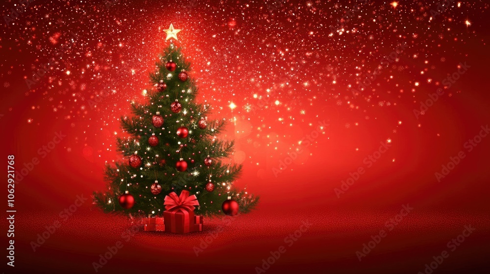 Festive Christmas Tree with Red Background and Gifts Festive Christmas Tree with Red Background and Gifts