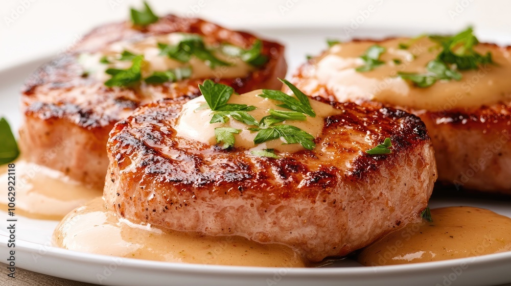 Delicious pork chops with creamy sauce and fresh herbs for a gourmet meal Delicious pork chops with creamy sauce and fresh herbs for a gourmet meal
