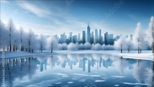 An icy lake, frozen trees create a cool, crisp winter atmosphere with a unique and contemporary style.