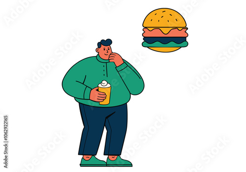 A fat man is thinking about fast food and delicious desserts. Hand drawn style vector design illustrations.

