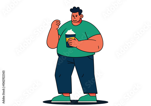A fat man is thinking about fast food and delicious desserts. Hand drawn style vector design illustrations.
