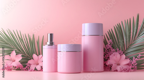 Pink Cosmetic Products with Floral and Tropical Leaf Background
