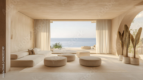 minimalist beach house living room with ocean view and beige cushions