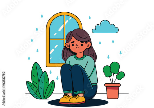 A little girl sits and cries, looking pitiful and sad. Hand drawn style vector design illustrations.