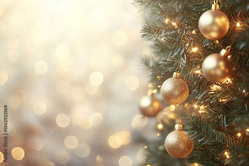 Fluffy branches of a fir tree with garlands and cones on a golden bokeh background. Christmas banner. Fluffy branches of a fir tree with garlands and cones on a golden bokeh background. Christmas banner.