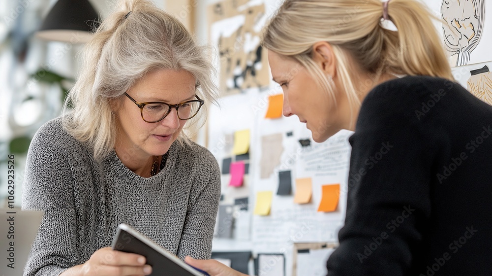 Two women UX designers work together on interface design, surrounded by user journey maps and sticky notes in a well-lit, modern workspace