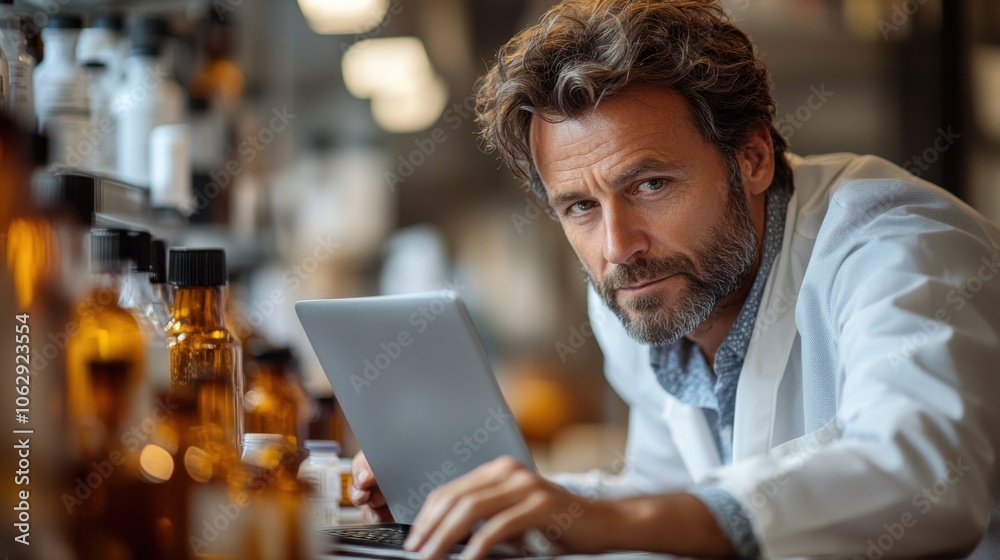 A scientist in a lab coat looks intently at the camera while working on a laptop. He is surrounded by beakers and other lab equipment. A scientist in a lab coat looks intently at the camera while working on a laptop. He is surrounded by beakers and other lab equipment.