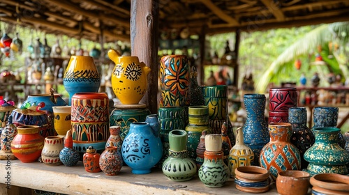 Colorful Hand Painted Pottery Displayed on a Wooden Shelf