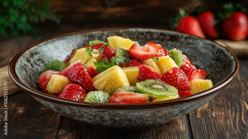 A mouthwatering fruit salad featuring bright red strawberries,