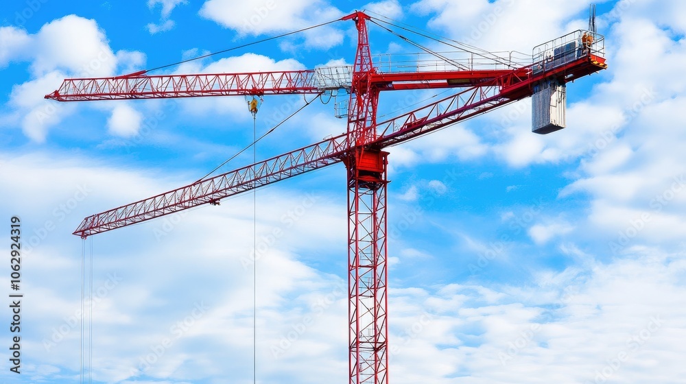 Modern construction crane extending high into the sky, with clouds and blue hues creating a sense of infinite possibility