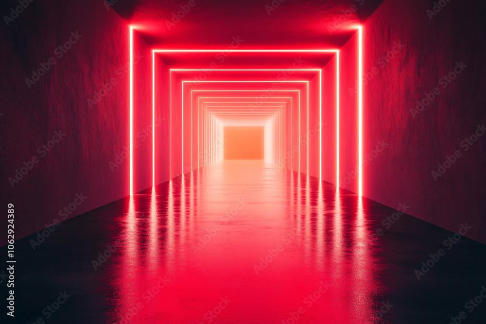 Futuristic tunnel illuminated by neon red lights creating a geometric pattern with a reflective floor and a glowing perspective
Futuristic tunnel illuminated by neon red lights creating a geometric pattern with a reflective floor and a glowing perspective