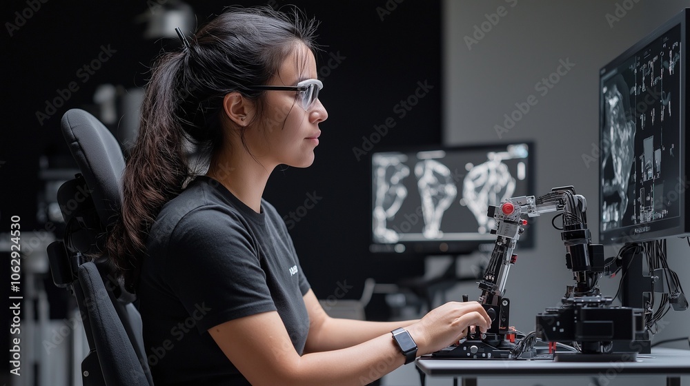 In a cutting-edge bioengineering lab, a female robotics engineer tests prosthetic neural interfaces, analyzing data on screens while working with robotic limbs and motion capture systems In a cutting-edge bioengineering lab, a female robotics engineer tests prosthetic neural interfaces, analyzing data on screens while working with robotic limbs and motion capture systems