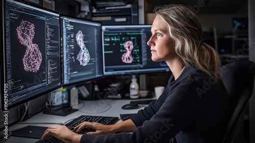 A molecular simulation researcher works at a specialized workstation, engaged in protein folding analysis using wall-sized visualizations and a custom GPU cluster in a lab environment