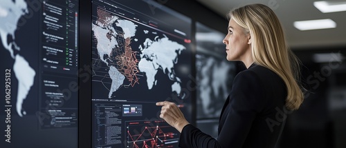 A woman cloud infrastructure architect reviews global deployment data on wall-mounted screens, monitoring network status and incident response in a corporate operations center