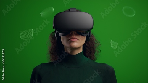 A female ARVR developer is testing a mixed reality application in a cutting-edge green screen studio, wearing a headset and surrounded by development machines and floating UI elements photo