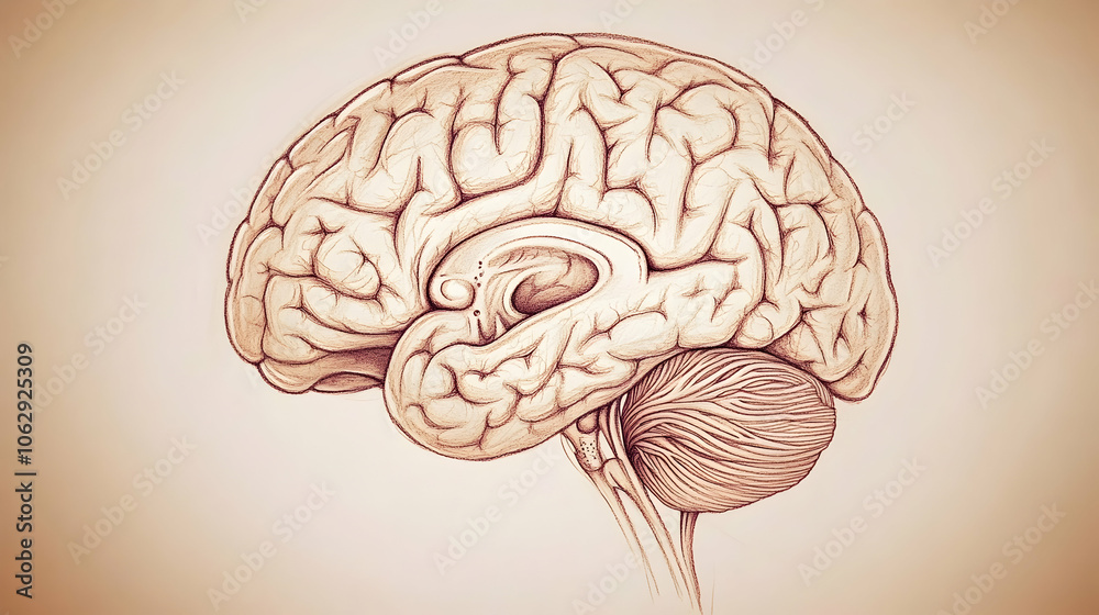 Detailed anatomical illustration of the human brain, viewed from the side.