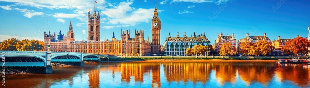 Fototapeta premium A stunning panoramic view of the Houses of Parliament and the River Thames, showcasing vibrant autumn colors under a clear blue sky.
