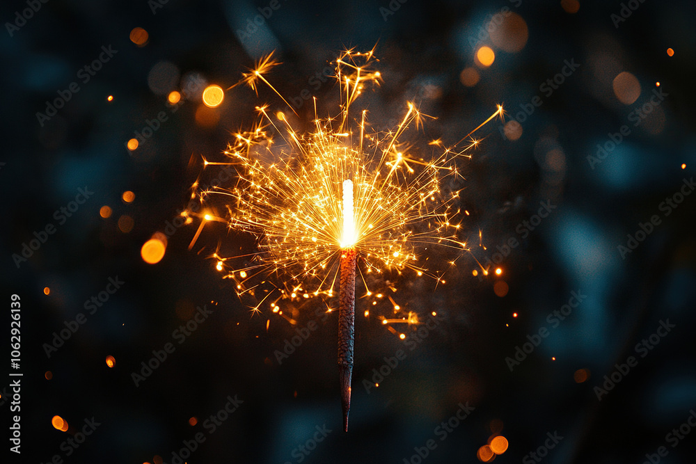 Obraz premium Festive fire sparkles on a dark background with golden bokeh. Bengal light in honor of the new year 2025. Generated by artificial intelligence