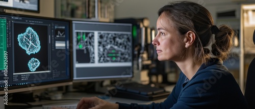 A woman skillfully programs quantum material analysis software at a scanning tunneling microscope in a modern materials science research lab photo