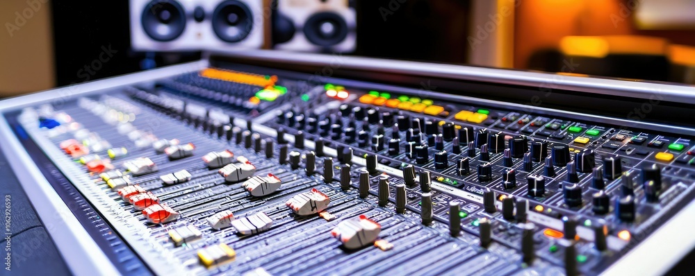 A close-up view of a professional audio mixing console, featuring various dials, faders, and buttons in a music production studio setting. A close-up view of a professional audio mixing console, featuring various dials, faders, and buttons in a music production studio setting.