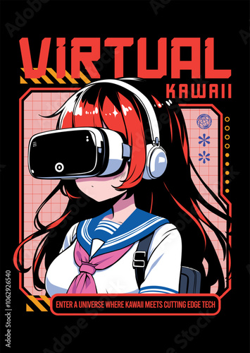 Photography Anime girl poster with kawaii cute on y2k, cyberpunk, future, virtual reality, retro futuristic style