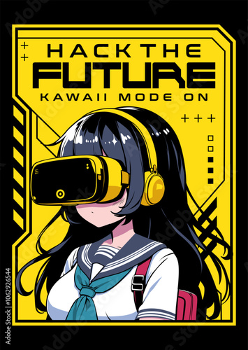 Anime girl poster with kawaii cute on y2k, cyberpunk, future, virtual reality, retro futuristic style. Tokyo Japan cute anime girl. Tshirt graphic y2k vector illustration.