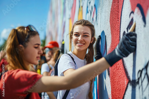 A group of volunteers cleaning graffiti off public walls photo