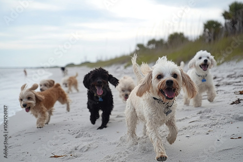 Dogs playing on the beach photo