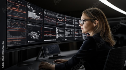 A skilled cloud security architect reviews security dashboards and identity management flows in a contemporary SOC, ensuring effective threat detection and monitoring