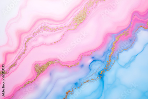 Abstract pink and blue marble liquid texture with gold splashes, luxury background