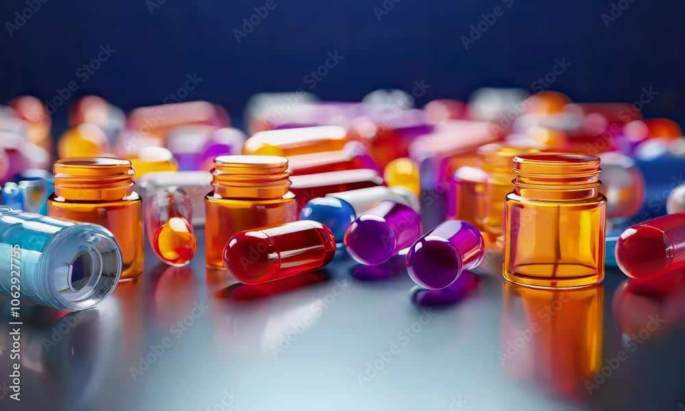 Colorful assorted capsules and bottles scattered on a dark surface