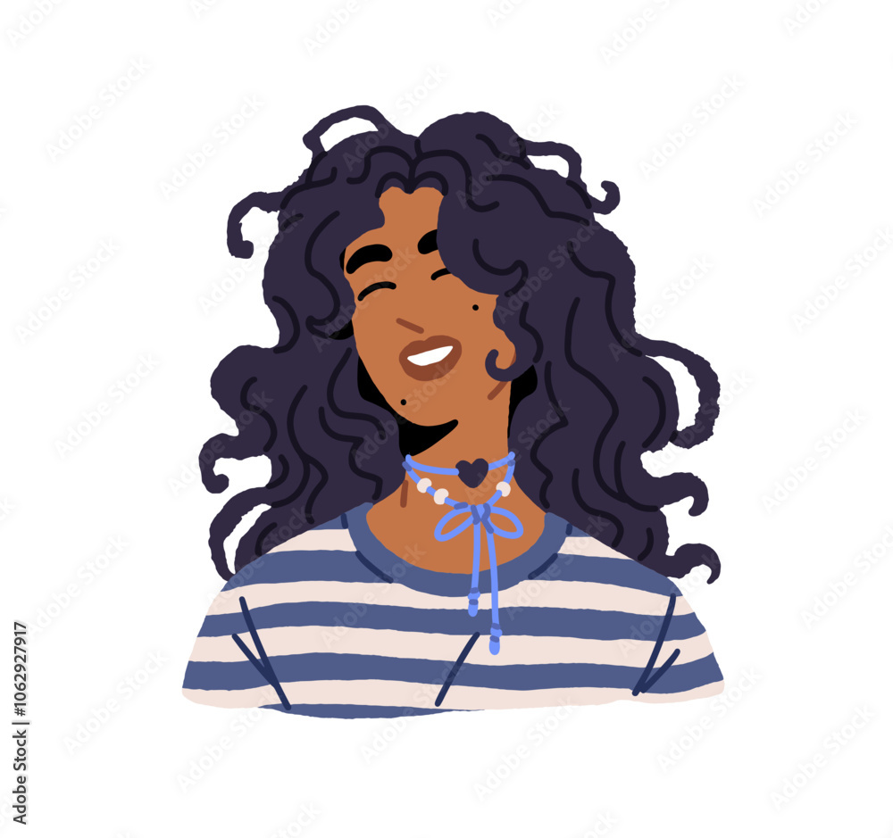 Avatar of Latin girl with closed eyes and smile. Portrait of happy young woman with wavy hair and cute face. Positive female user profile. Flat isolated vector illustration on white background Avatar of Latin girl with closed eyes and smile. Portrait of happy young woman with wavy hair and cute face. Positive female user profile. Flat isolated vector illustration on white background