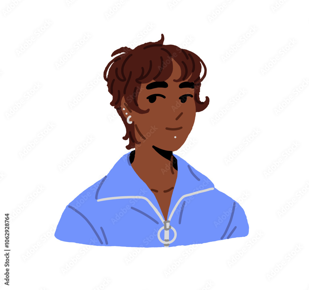 Fototapeta premium Happy black girl with short hair and piercing on face. Young African American woman smiles avatar. Cute female portrait for user profile. Flat isolated vector illustration on white background