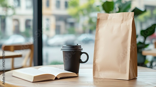 A brown paper bag and black coffee cup sit on a table with an open book, showcasing a cozy cafe setting.