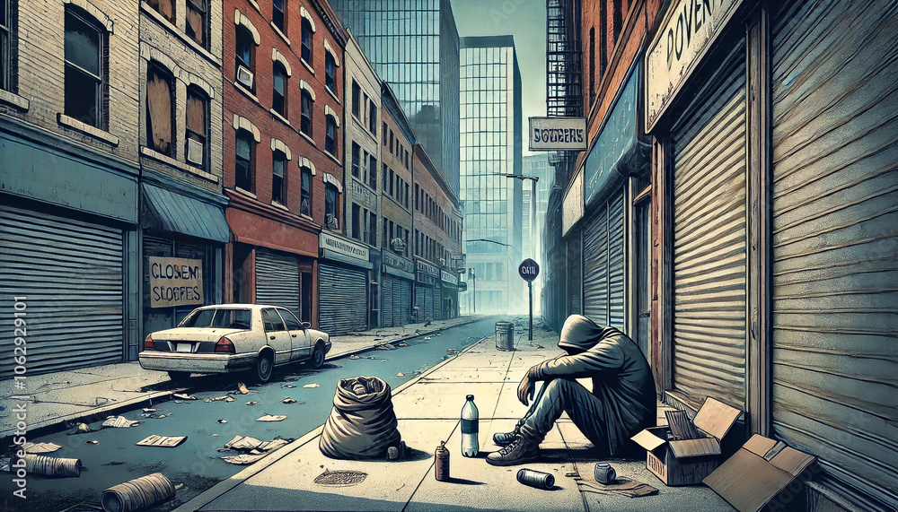 Obraz premium A lone figure stands in a littered urban street, facing the impacts of economic crisis. Economic crisis background