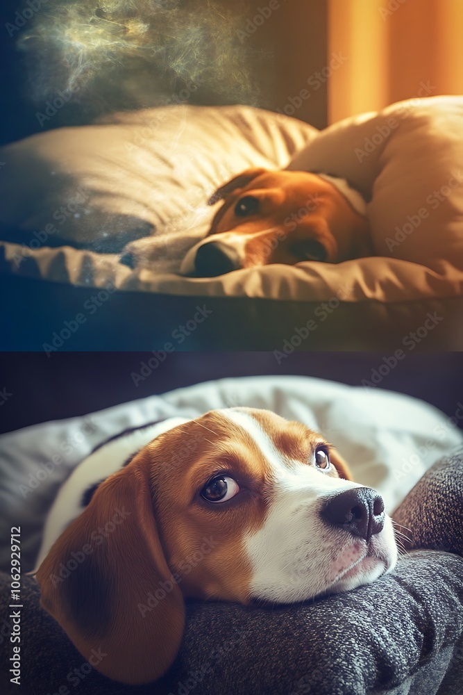 Beagle Dog Resting on a Pillow, Dreaming of Flying Beagle Dog Resting on a Pillow, Dreaming of Flying